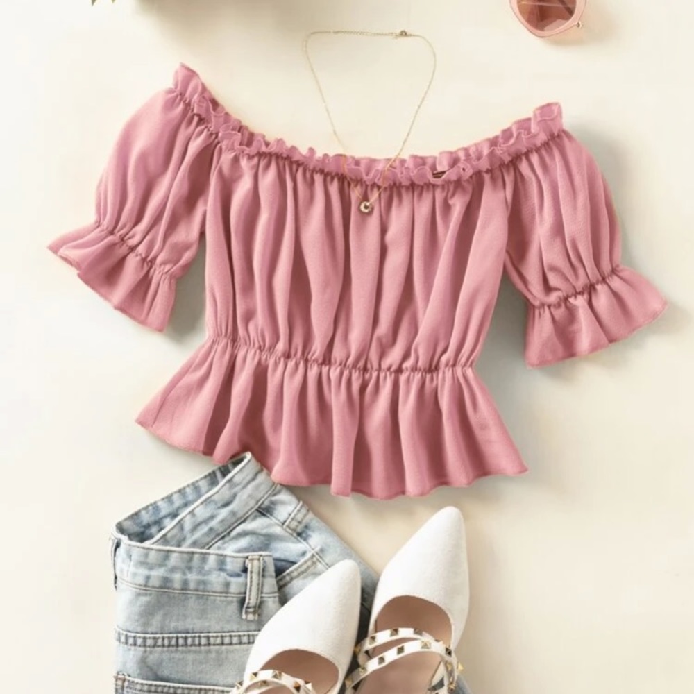 Pink Frill Off-The-Shoulder Cropped Blouse